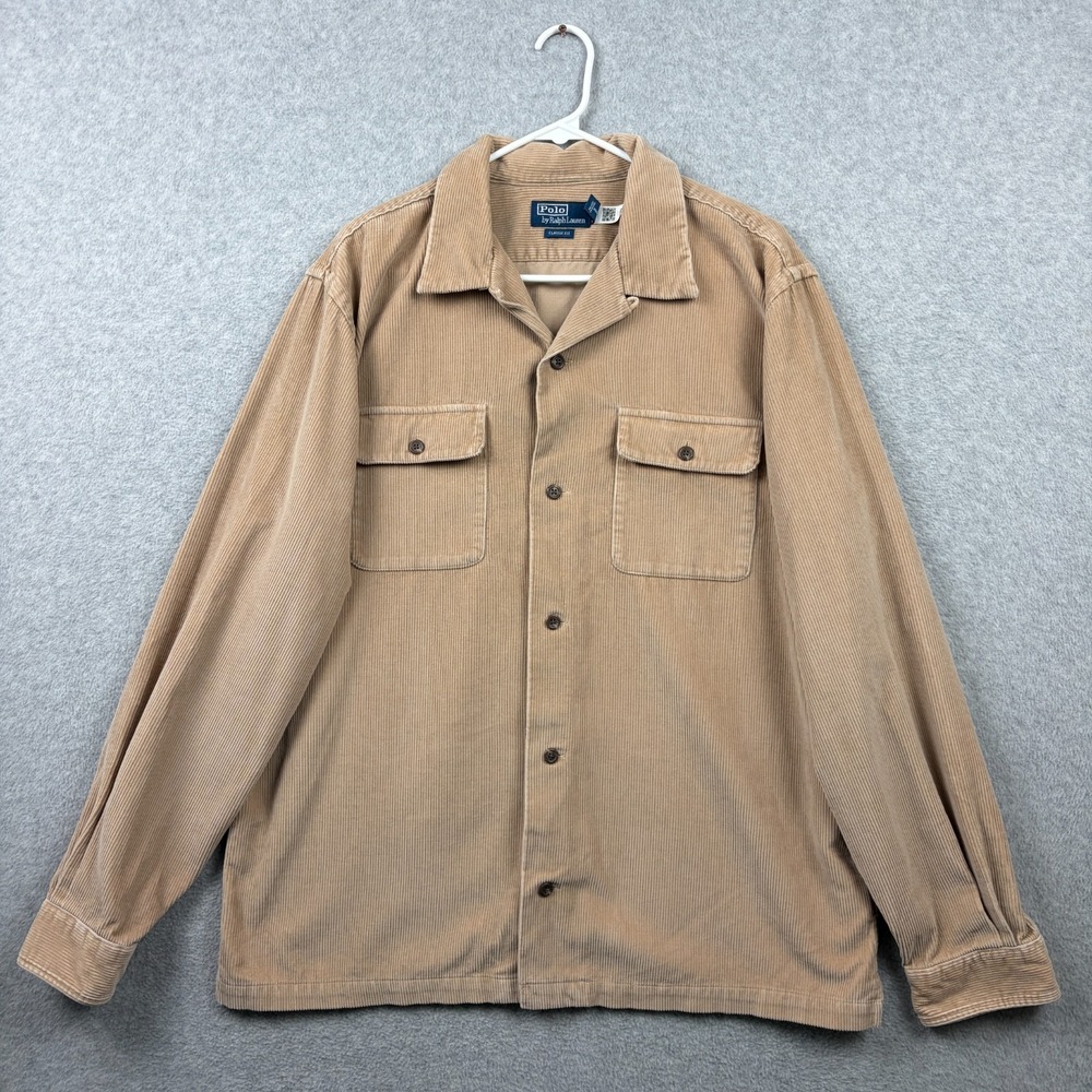 Polo Ralph Lauren Shirt Jacket Mens XL Tan Corduroy Wide Wale Camp Overshirt